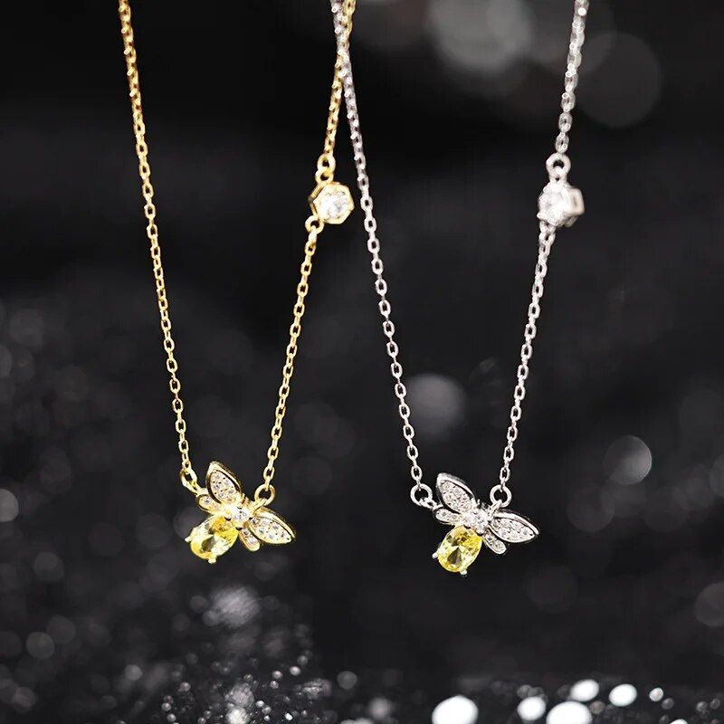 925 Sterling Silver Bee Necklace Ladies Simple Clavicle Chain Shiny Zircon Necklace Wedding Party Gift Jewelry Accessories