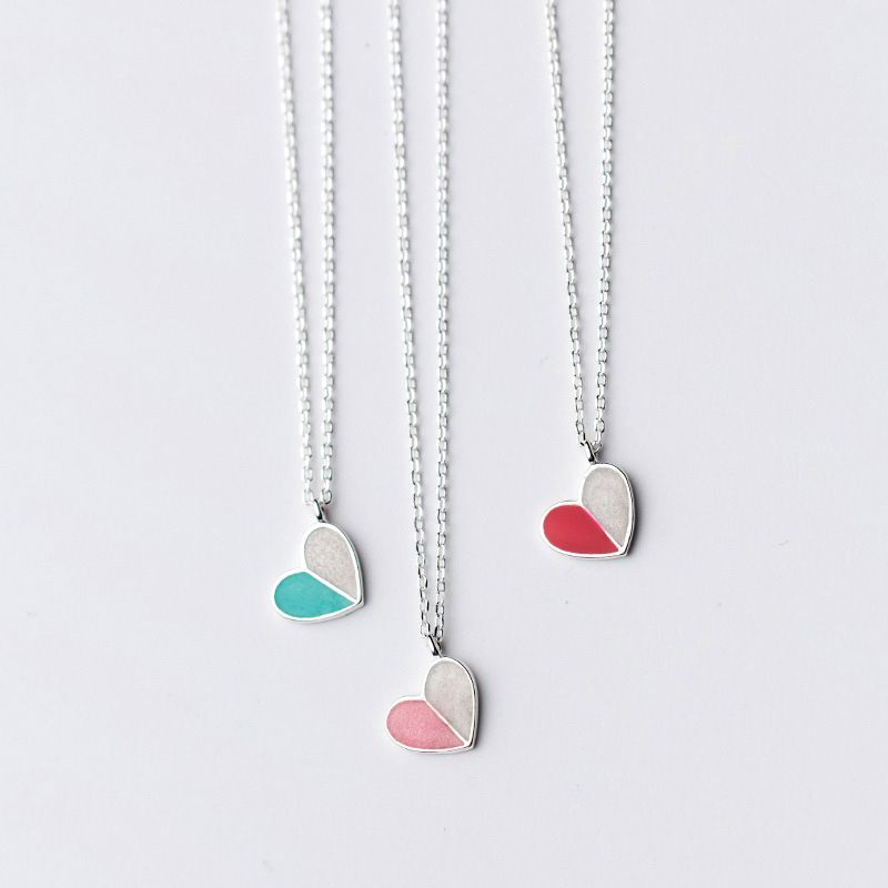 Korean Version 925 Sterling Silver Cute Heart-Shaped Necklace Collarbone Chain Pink Heart-Shaped Pendant For Women's Jewelry