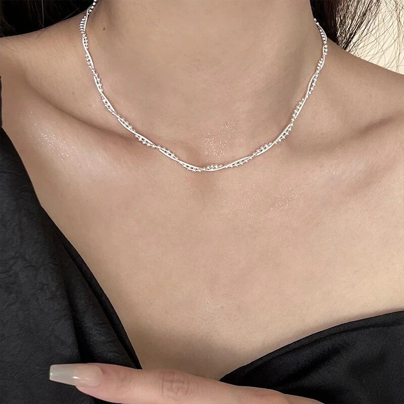 925 Sterling Silver Double Layer Snake Bone Chain Necklace for Women's Sweet Temperament Round Bear Neckchain Fashion Jewelry