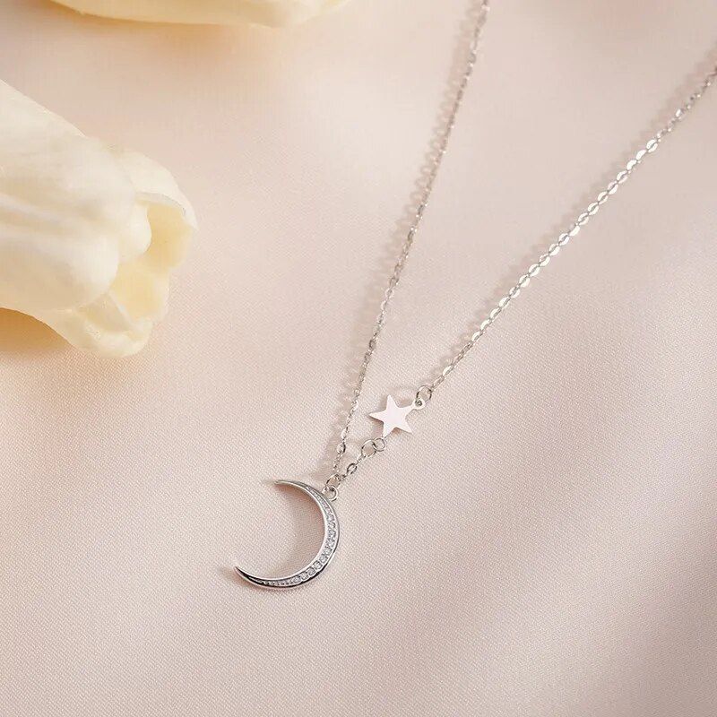 925 Sterling Silver Star Necklace Flash Diamond Moon Clavicle Chain Retractable Adjustable Jewelry Party Birthday Gift