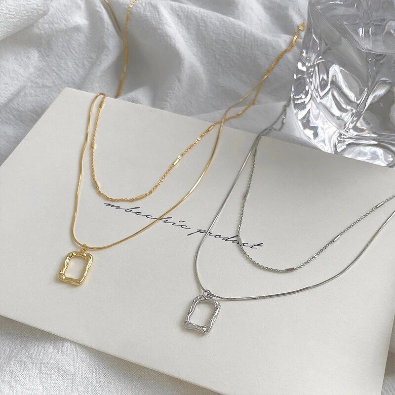 925 Sterling Silver Geometric Square Pendant Double Layer Necklace Simple Personality Clavicle Chain Ladies Exquisite Jewelry