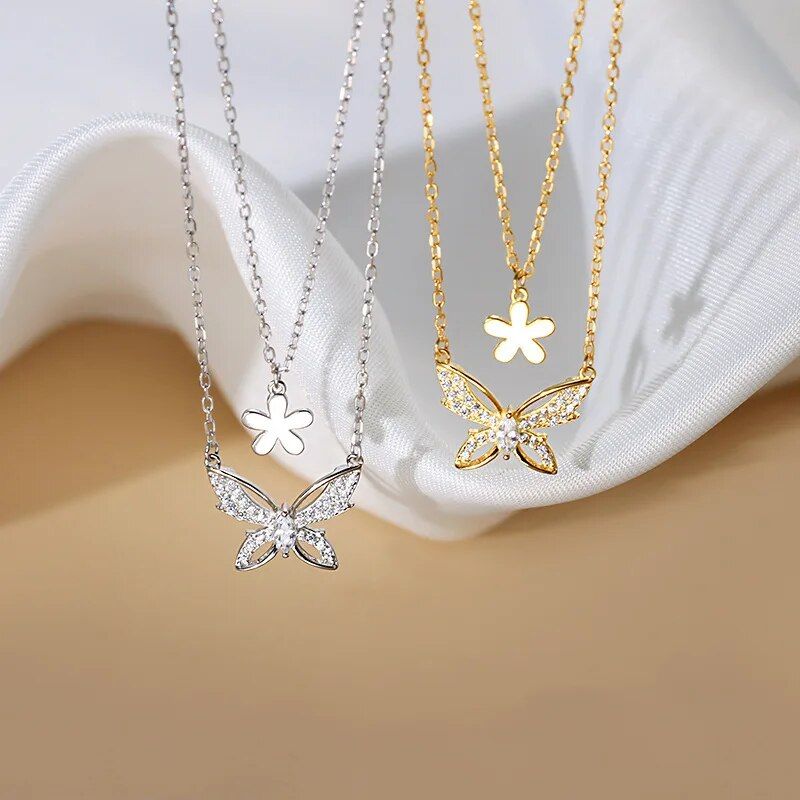 Sparkling Diamond Double Layer Flower Butterfly Necklace 925 Sterling Silver New Women's Simple Collar Chain Temperament Jewelry