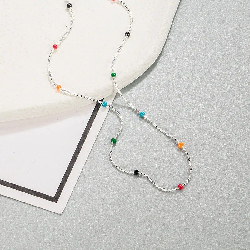 925 Sterling Silver Rainbow Ball Necklace for Women's Fashion Stacked Necklace for Korea Simple Collar Chain Exquisite Jewelry