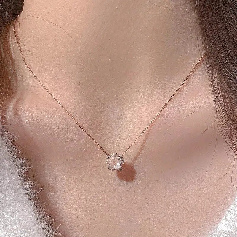 925 Sterling Silver Pink Cherry Blossom Necklace Rose Gold Pendant Zircon Collar Chain Wedding Jewelry Party Gift