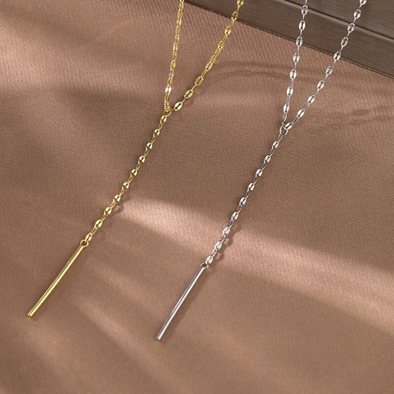 Fashion 925 Sterling Silver Geometric Necklace Long Tassel Sweater Chain Women's Simple Temperament Collar Chain Wedding Jewelry