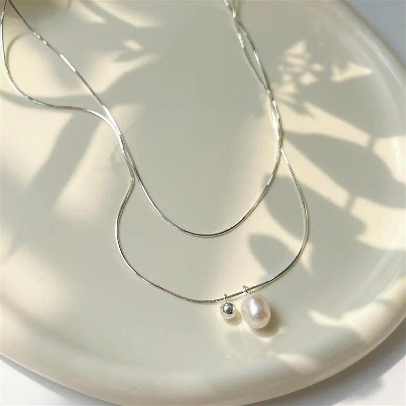 Christmas Gift 925 Sterling Silver Double Layer Necklace Fashion Pearl Pendant Collar Chain New Sweater Chain Luxury Jewelry