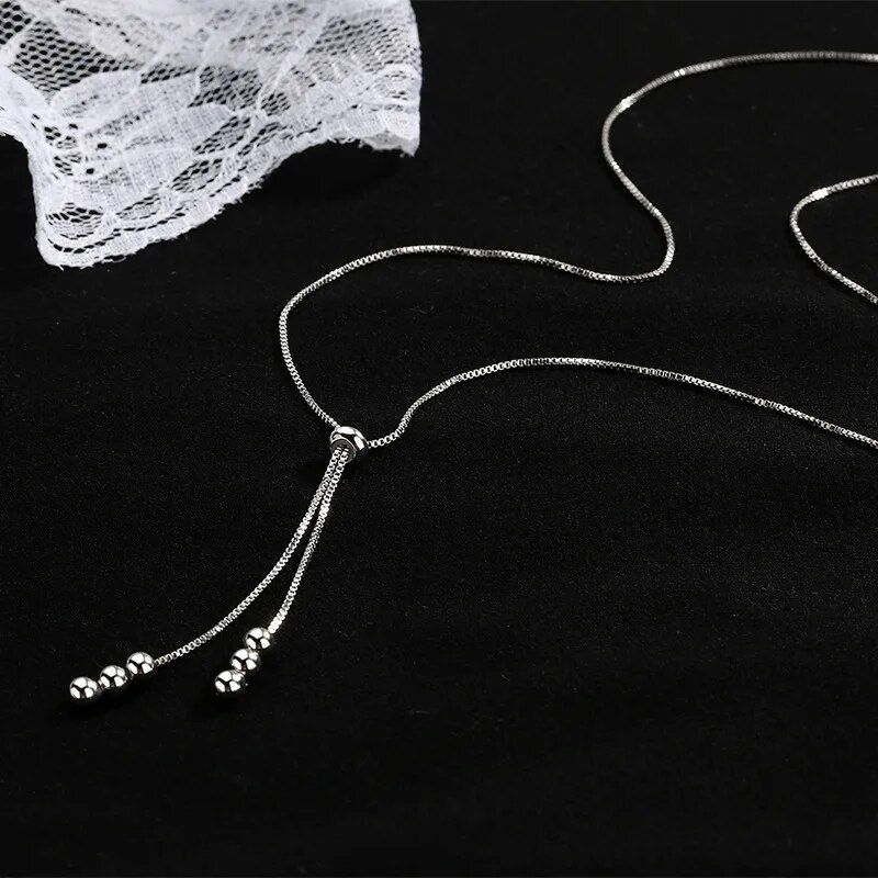 Fashion 925 Sterling Silver Tassel Necklace Pulling Stretching Snake Bone Round Bead Chain Female Clavicle Chain Party Jewelry