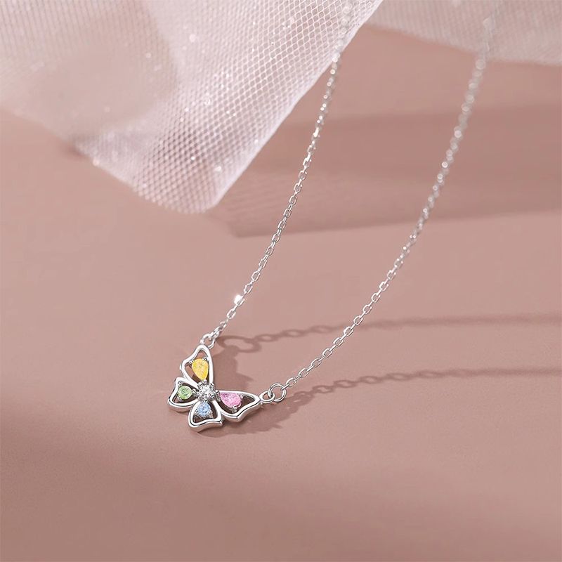 S925 Sterling Silver Colorful Diamond Flower Fairy Necklace for Women Fashion Pendant Neckchain Butterfly Collar Chain