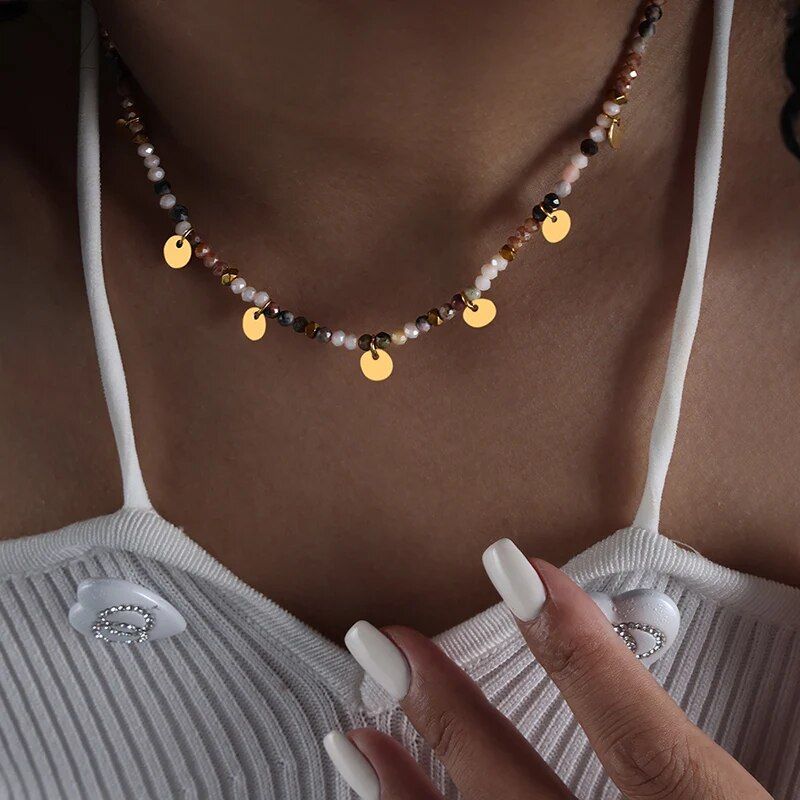 Beaded Tassel Type Non-fading Necklace Disc Multi-color Necklace For Women2024 Summer New Glass Stone Necklace