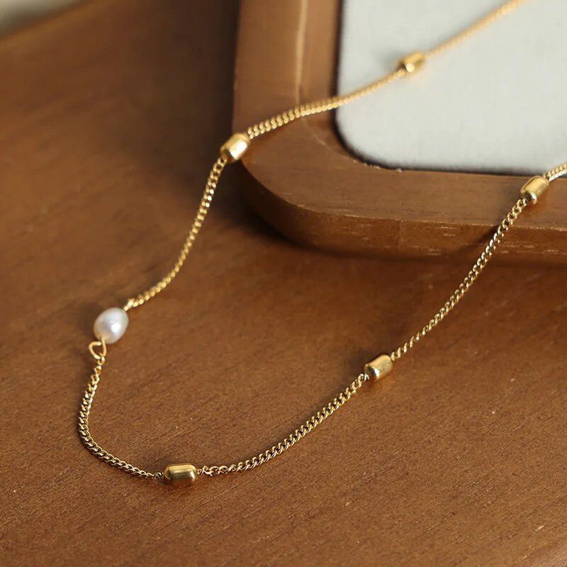 Trendy Stainless Steel Necklace Gold Color Jewelry Rectangle Link Chain Choker Freshwater Pearl Pendant Necklace