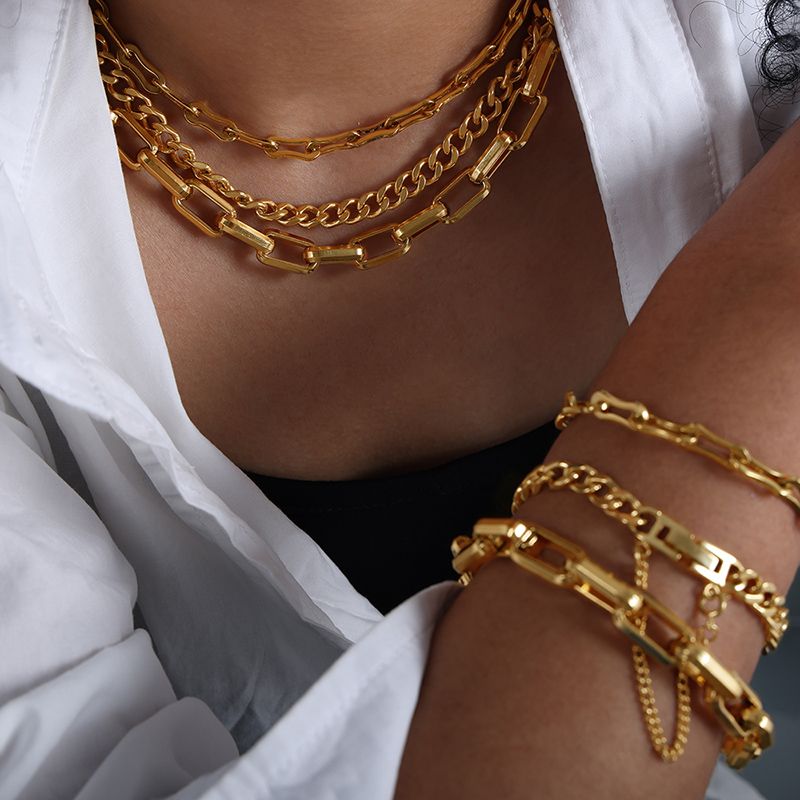 New Fashion Non-fading Jewelry Set 316L Stainless Steel Gold Color Geometric Chain Necklace Bracelets For Women Girl