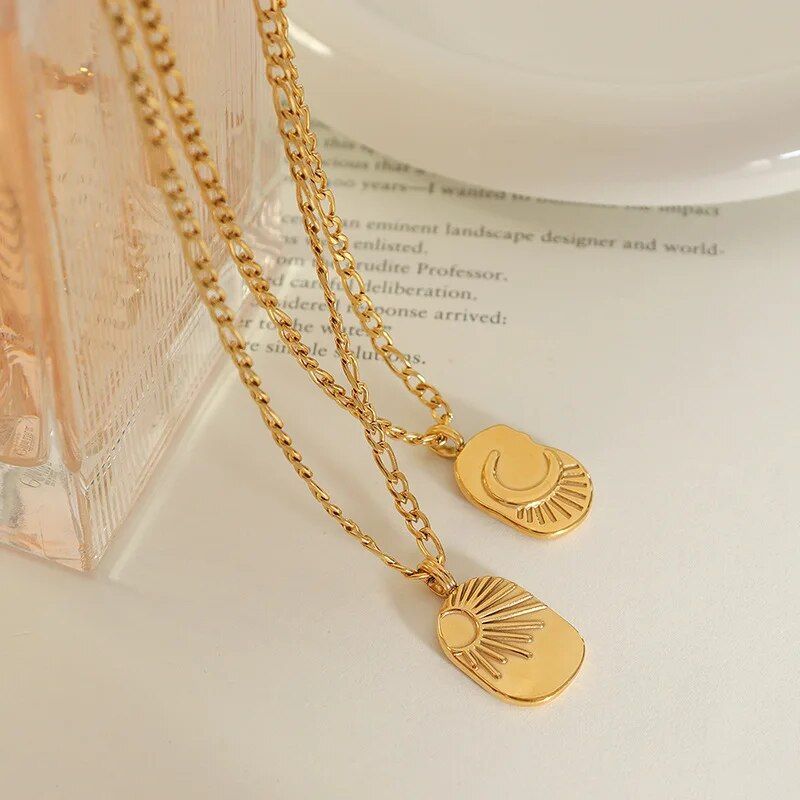 French Vintage Moon and Sun Pendant Embossed Oval Square Necklace Fashion Fine Couple Necklace