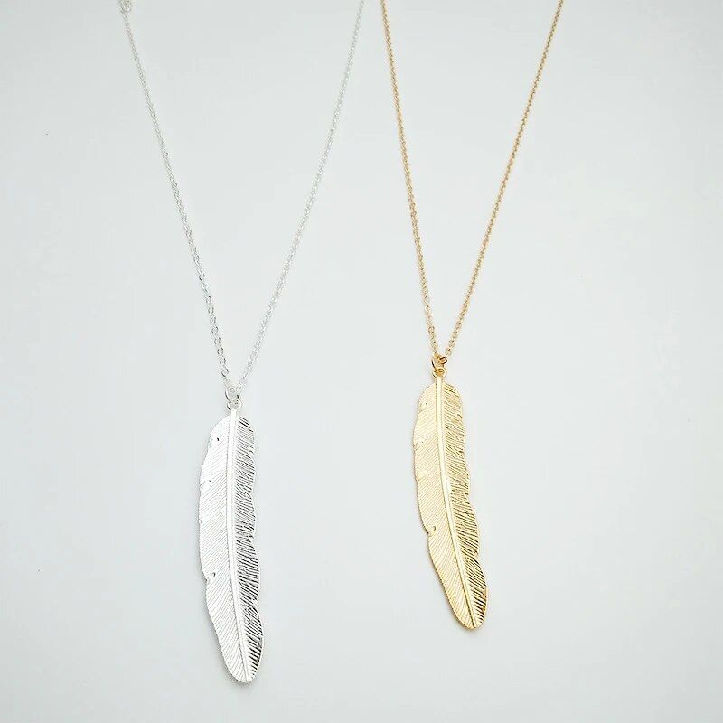 2024 New Fashion Womens Vintage Long Necklace Jewelry Gold silver Color Simple Feather Pendant Necklaces Jewelry Gifts