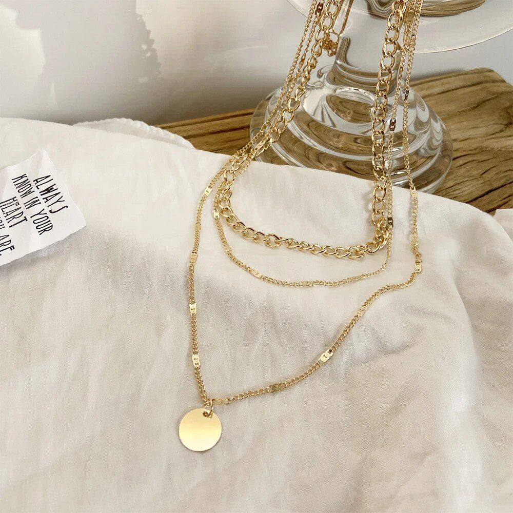 2024 New Fashion Vintage Necklace On Neck Gold Color Chain Jewelry Layered Accessories For Women Girls Pendant Gifts