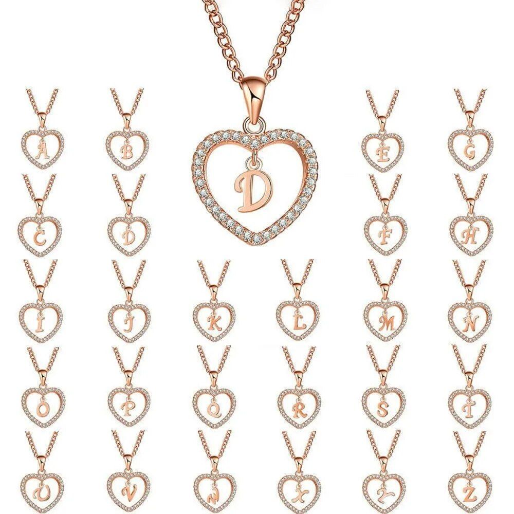 2024 New Simple Rose Gold Color Letter Heart Initial Pendants Double Rhinestone Choker for Women Fashion Jewelry Gifts