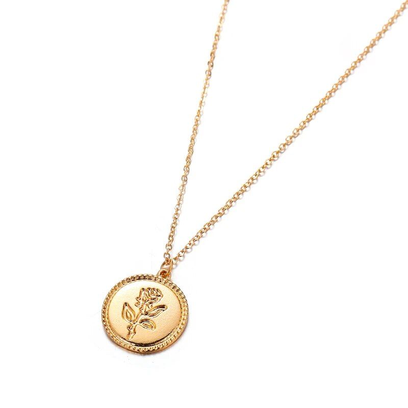 New Fashion Wild&Free Alloy Round Pendant Necklace For Women Simple Female Long Chain Coin Necklace Rose Flower Collier