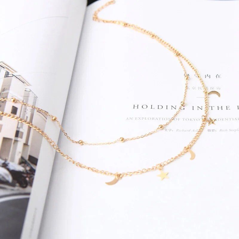 2024 New Fashion Necklace Punk Necklace Gold silver Color Simple Double Moon Star Short Necklace Sale Acero Inoxidable Mujer