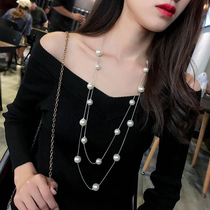 Long Double Layer Simulated Pearl Necklace Women Sweater Chain Necklace Female Collares Statement Jewlery 2024