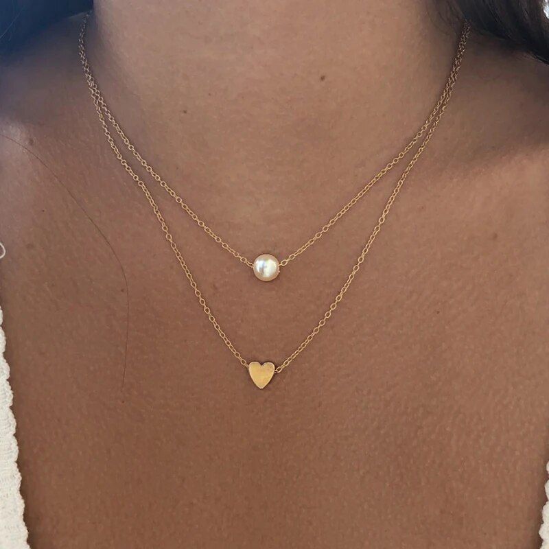 New Bohemia Simple Fashion Imitation Pearl Love Heart Double Layer Clavicle Chain Necklace Accessories Female Jewelry Wholesale