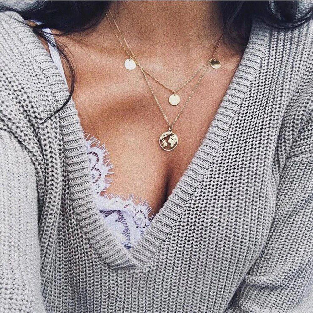 2024 New Fashion World Map Necklace Earth Day Gift For Best Friend Outdoor Multilayer Pendant Necklace For Women Jewelry