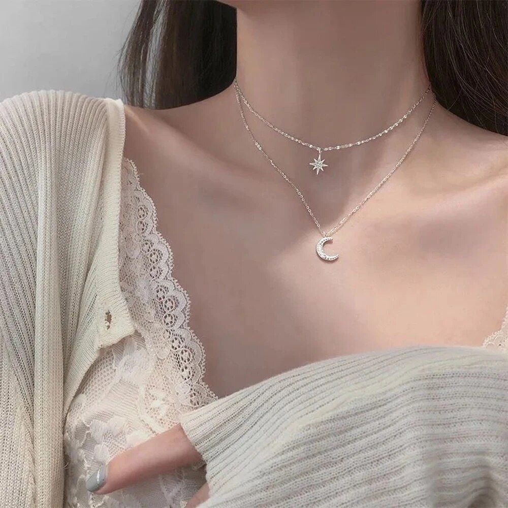 2024 Simple Double Layer Star Moon Charm  Multilayered Necklace Delicate Clavicle Chain Zircon For Women Fashion Jewelry