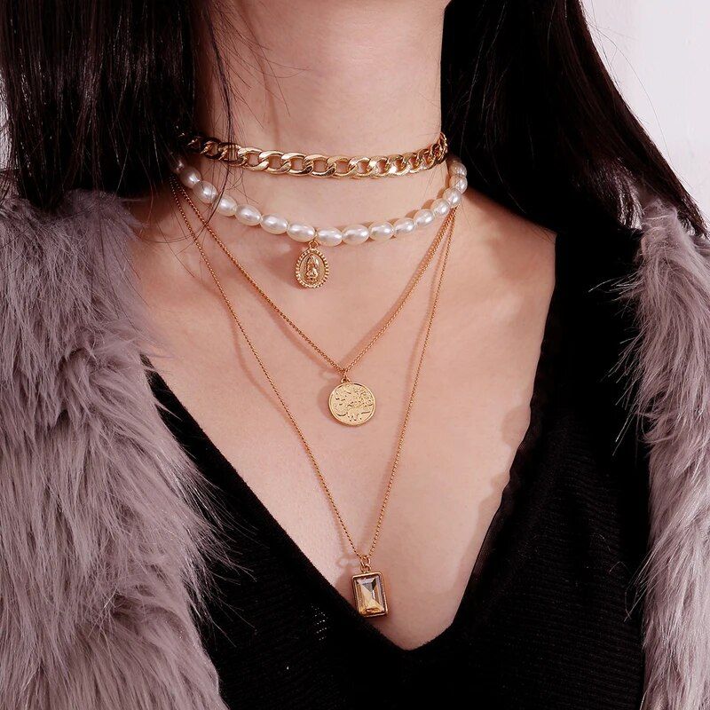 2024 Punk Multi Layered Pearl Choker Collar Statement Virgin Mary Coin Crystal Pendant Necklace For Women Jewelry Gift