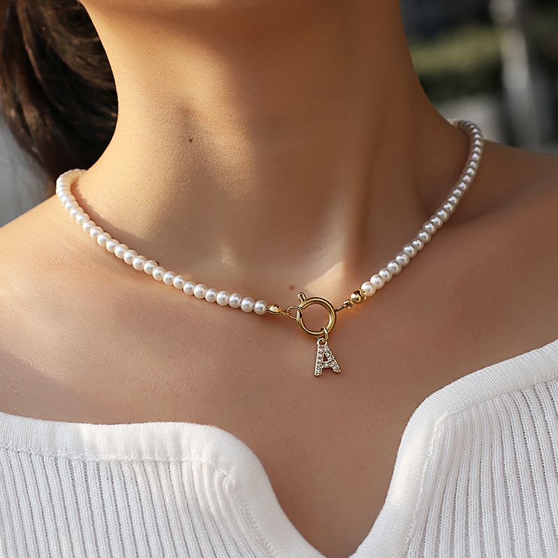 Vintage Pave Cubic 26 Initial Letter Women Necklace Classic 4mm Imitation Pearl Necklace For Women Jewlery Gift