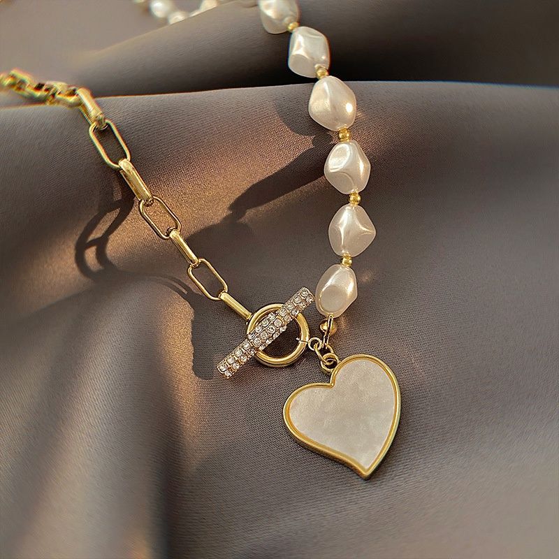 Korean Pearl Hollow Chain Clasp Necklace for Women Heart Pendant Women's Necklace Party Gift Jewelry Collares Para Mujer