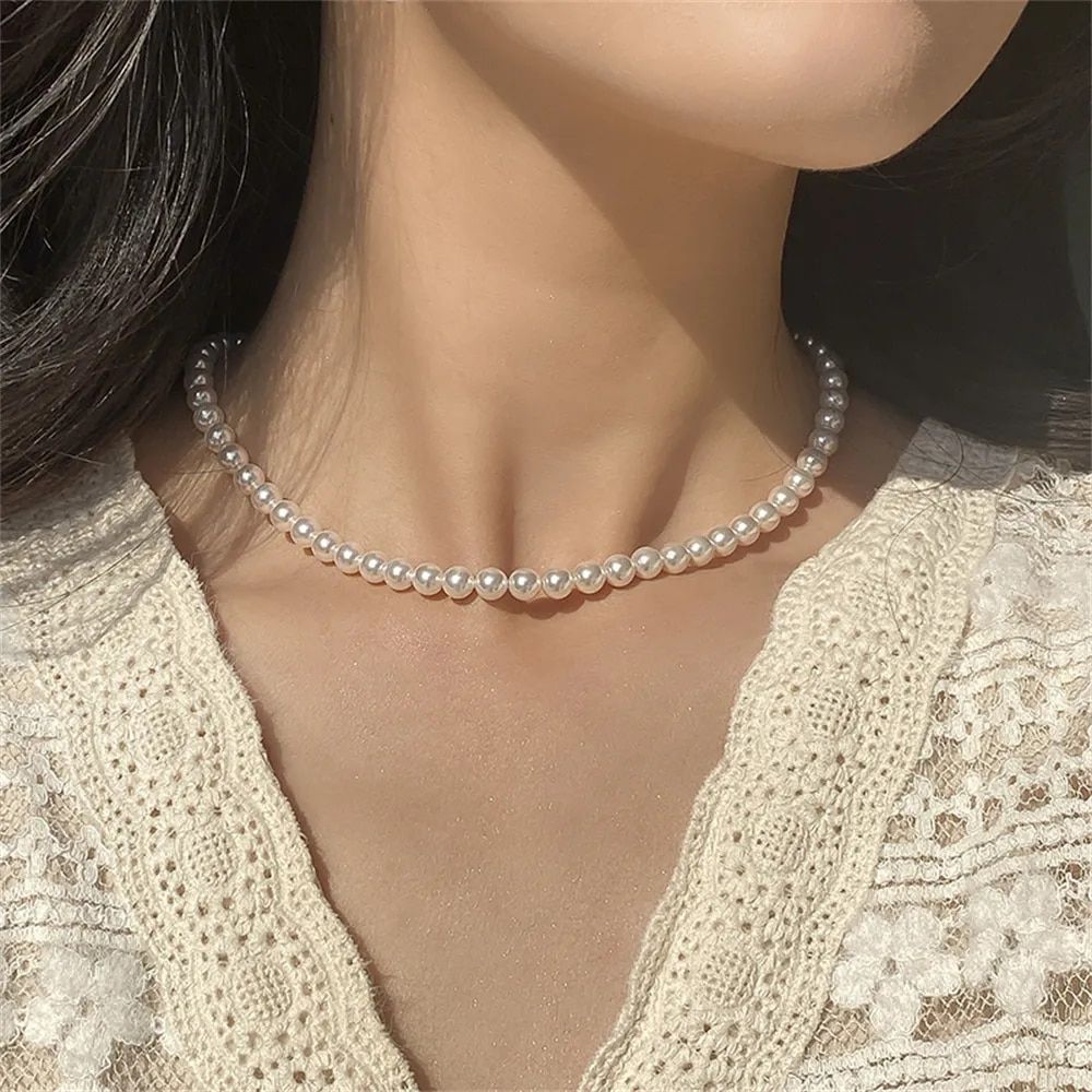 4 6 8 10 14mm White Imitation Pearl Necklace Fashion Beaded Collar Chain Choker Necklace for Women Trendy Wedding Jewelry