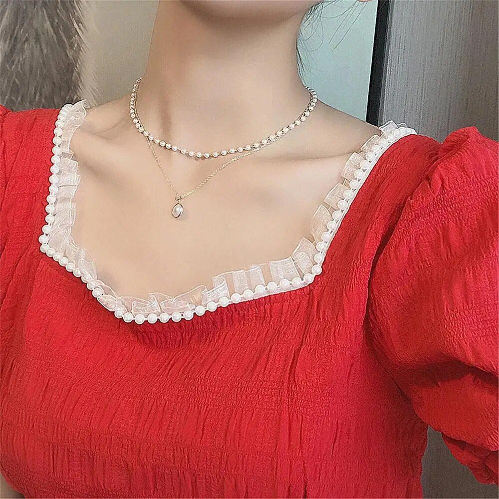 Fashion Retro Simple Pearl Choker Necklace Bracelet INS Fashion Double Layer Chain Pendant Jewelry for Women Girls Gift