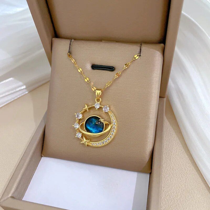 Exquisite Starry Sky Planet Light Luxurious Temperament Gorgeous Necklace Stars and Moon Versatile Stainless Steel Clavicle Chai