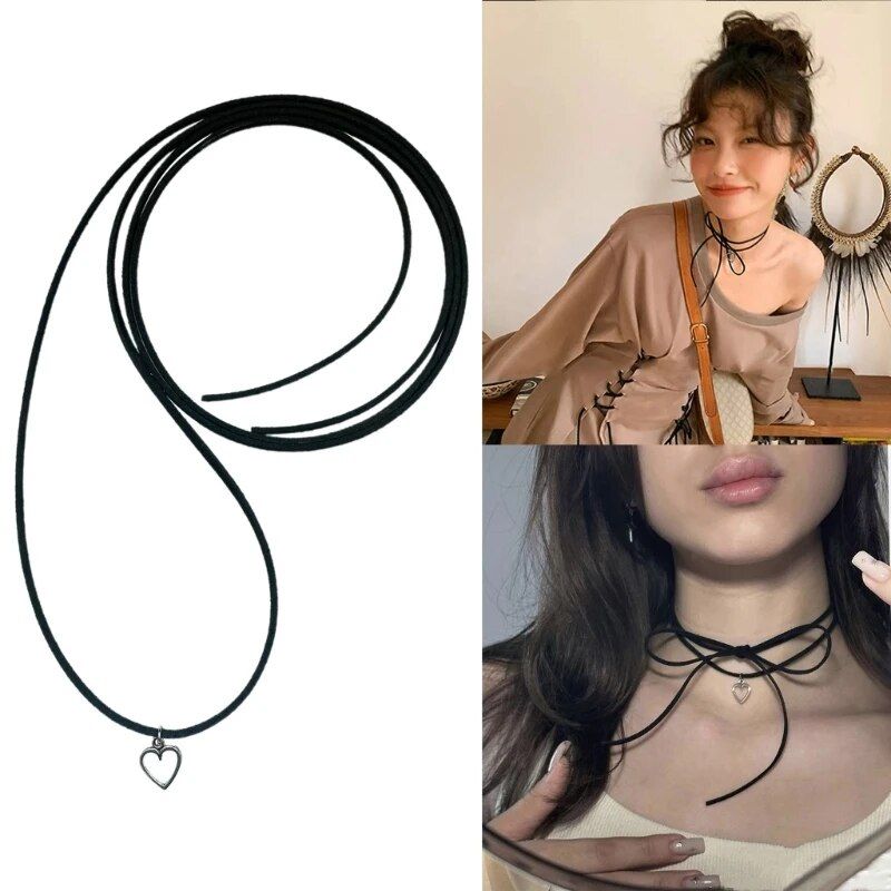 Alloy Heart Necklace with Tie Up Rope Simple Hollow Heart Pendant Clavicle Chain Women Girl Dainty Choker Jewelry