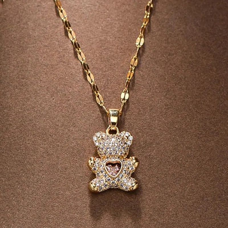 Flash Lovely Bear Pendant Necklaces for Women Golden Titanium Stainless Steel Neck Link Chain female Jewelry Gift