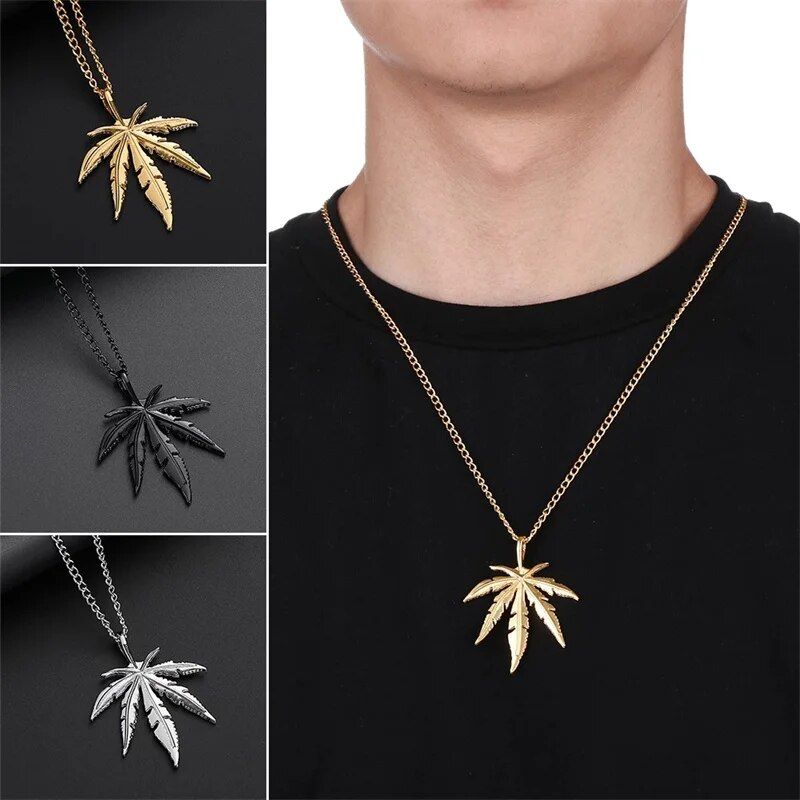 2023 Fashion Creative Titanium Steel Maple Leaf Men's Pendant Necklace Plant Hemp Leaf Shiny Chain Hip Hop Rock Jewelry Gift