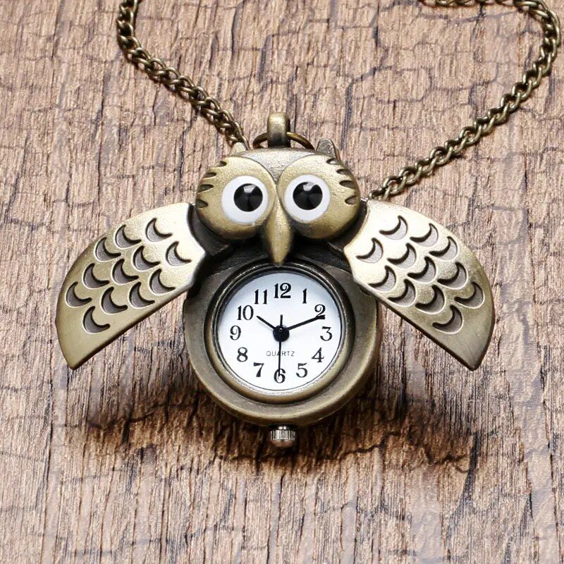 Bronze Copper Vintage Cute Mini Small Night Owl Quartz Pocket Watch Women Girl Lady Necklace Pendant Chain Birthday Gift P27