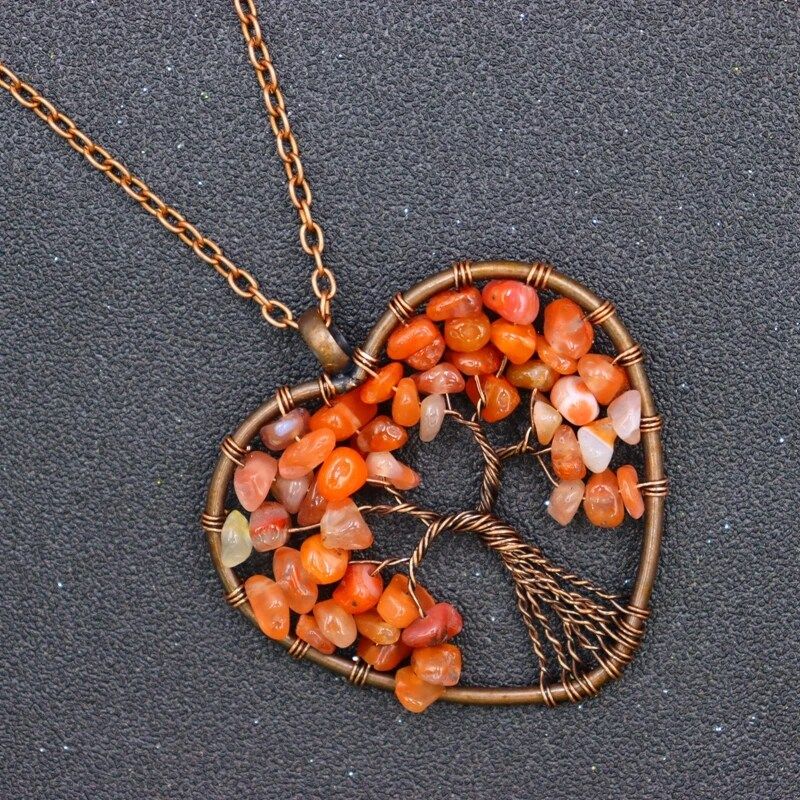 Healing Tree of Life Pendant Necklace Antique Copper Wire Wrap Natural Stone Chip Bead Jewelry Gift