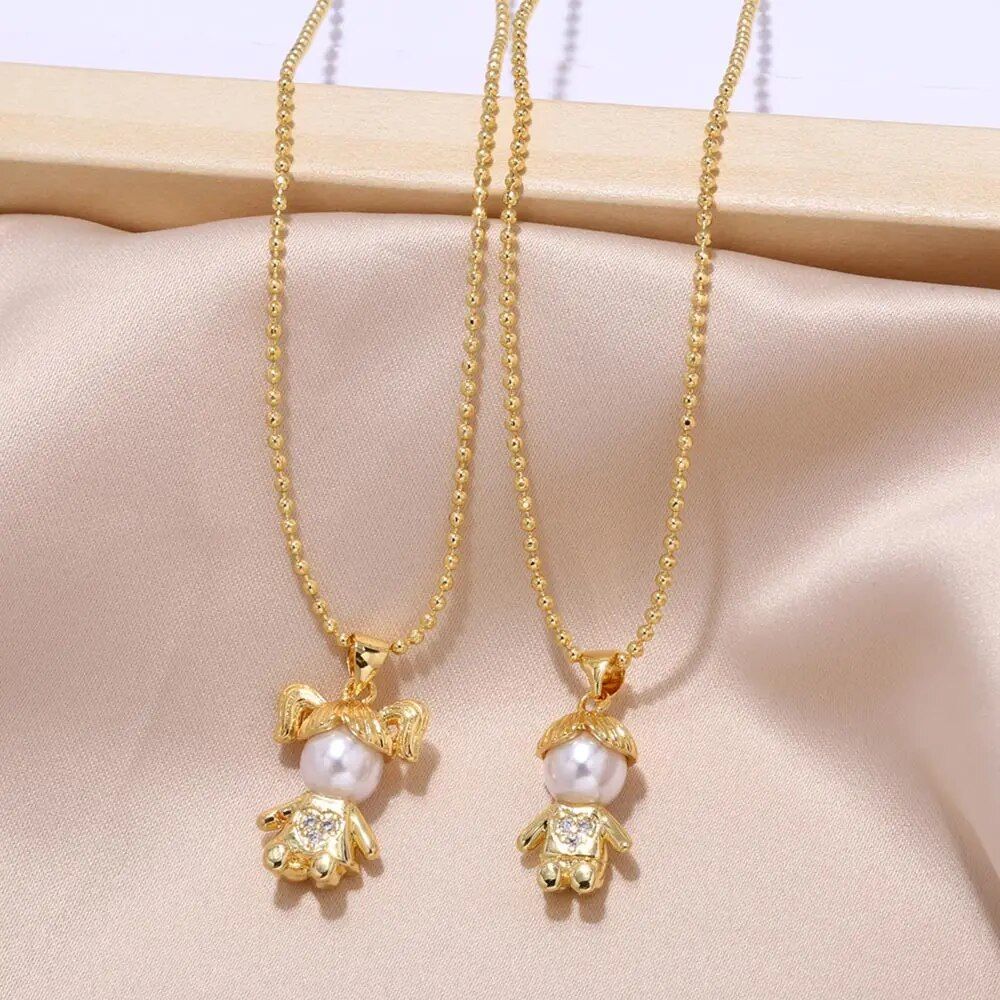 White Pearl Boy and Girl Necklaces for Women Copper Gold Plated Beads Chain Figure Necklaces Couple Jewelry nkeb860