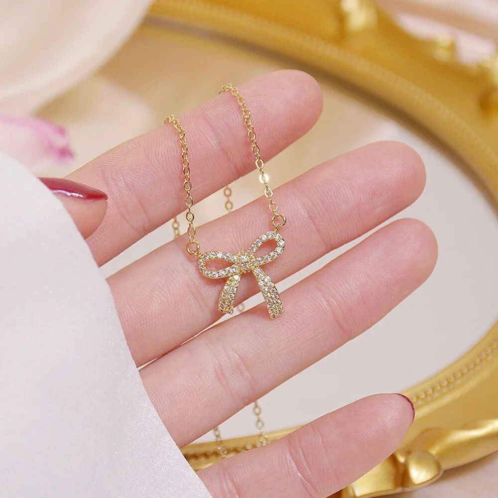 copper inlaid zirconium sweet bow pendant necklace 14K real gold plated sexy women prom party necklace Korean jewelry