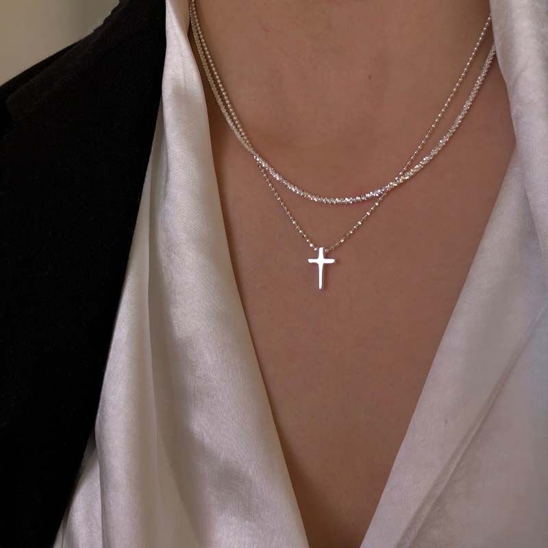 Fashion Silver Color Double Layer Cross Pendant Necklaces For Women Sparkling Clavicle Chain Choker Charm Necklace Jewelry Gifts