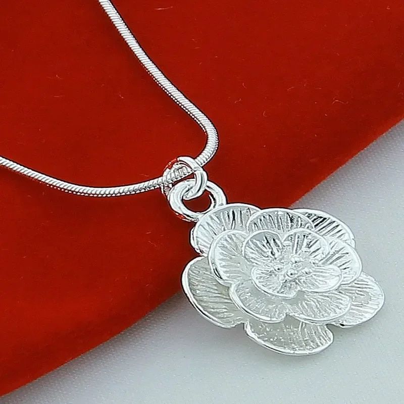 925 Sterling Silver Rose Flower Pendant Necklace 18 20 24 26 30 Inch Snake Chain For Women Wedding Engagement Jewelry