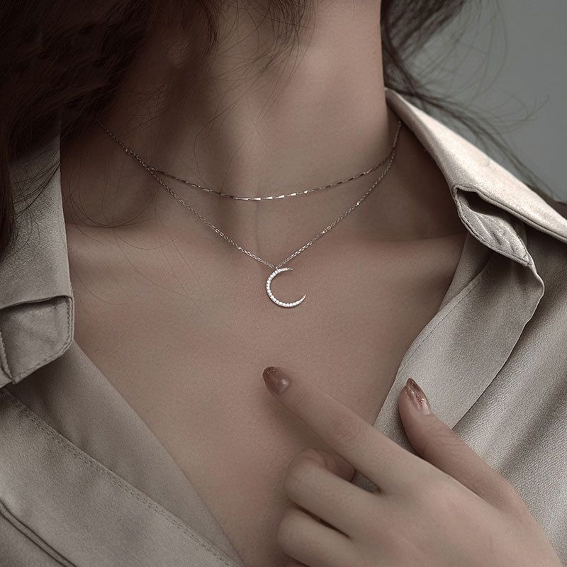 s925 sterling Silver Star Moon Double Necklace Women Clavicle Chain Shiny Diamond  Fashion Jewely Accessories