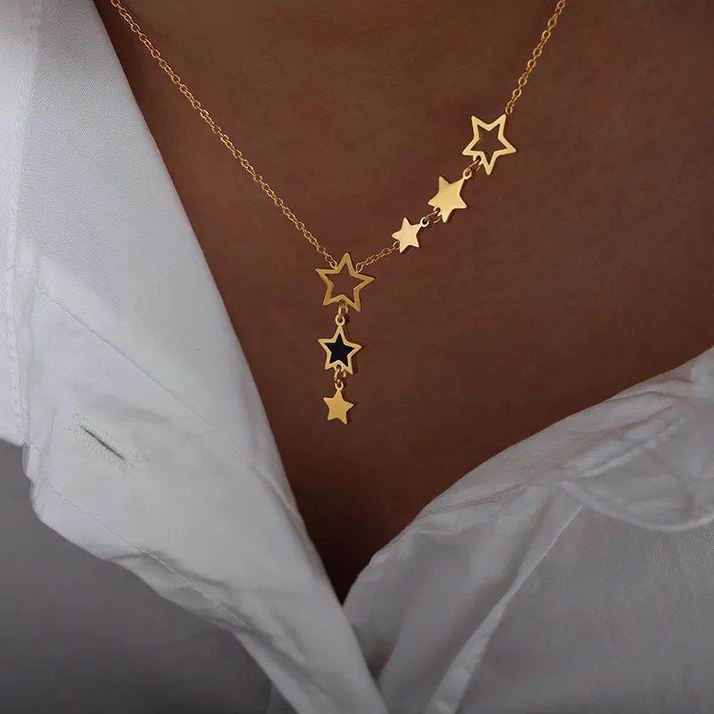 New in Star Pendant Necklace for Women Stainless Steel Gold Plated Chain Black Acrylic Fashion Jewelry Girlfriend Gift Wholesale