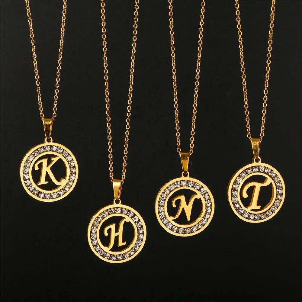 New Stainless Steel Round Zircon A-Z Alphabet Pendant Chain Necklace Punk Hip-Hop Style Fashion Woman Man Initial Name Jewelry