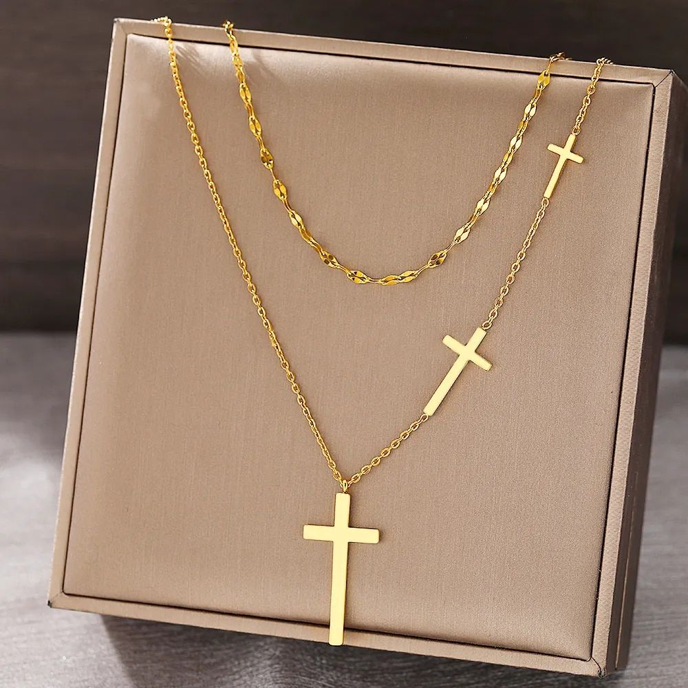 Stainless Steel Necklaces Cross Pendant Choker Multilayer Chain Double Stacked Wear Light Luxury Fine Necklace For Women Jewelry