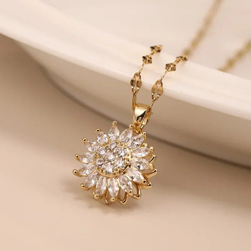 Double-layer Rotatable Sunflower Necklaces For Women Girl Chain Choker Stainless Steel Jewelry Accessories