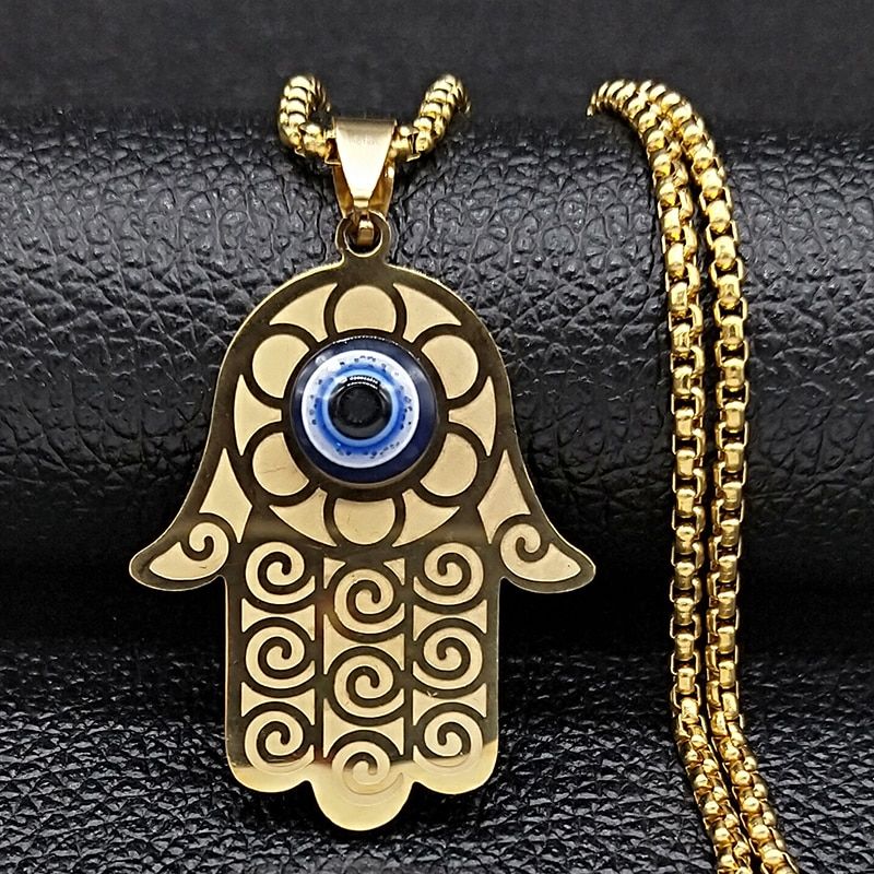 Blue Turkish Demon Eye Hamasa Hand Stainless Steel Hand of Fatima Necklace Women Men Necklace Jewelry collares mujer N1139S02