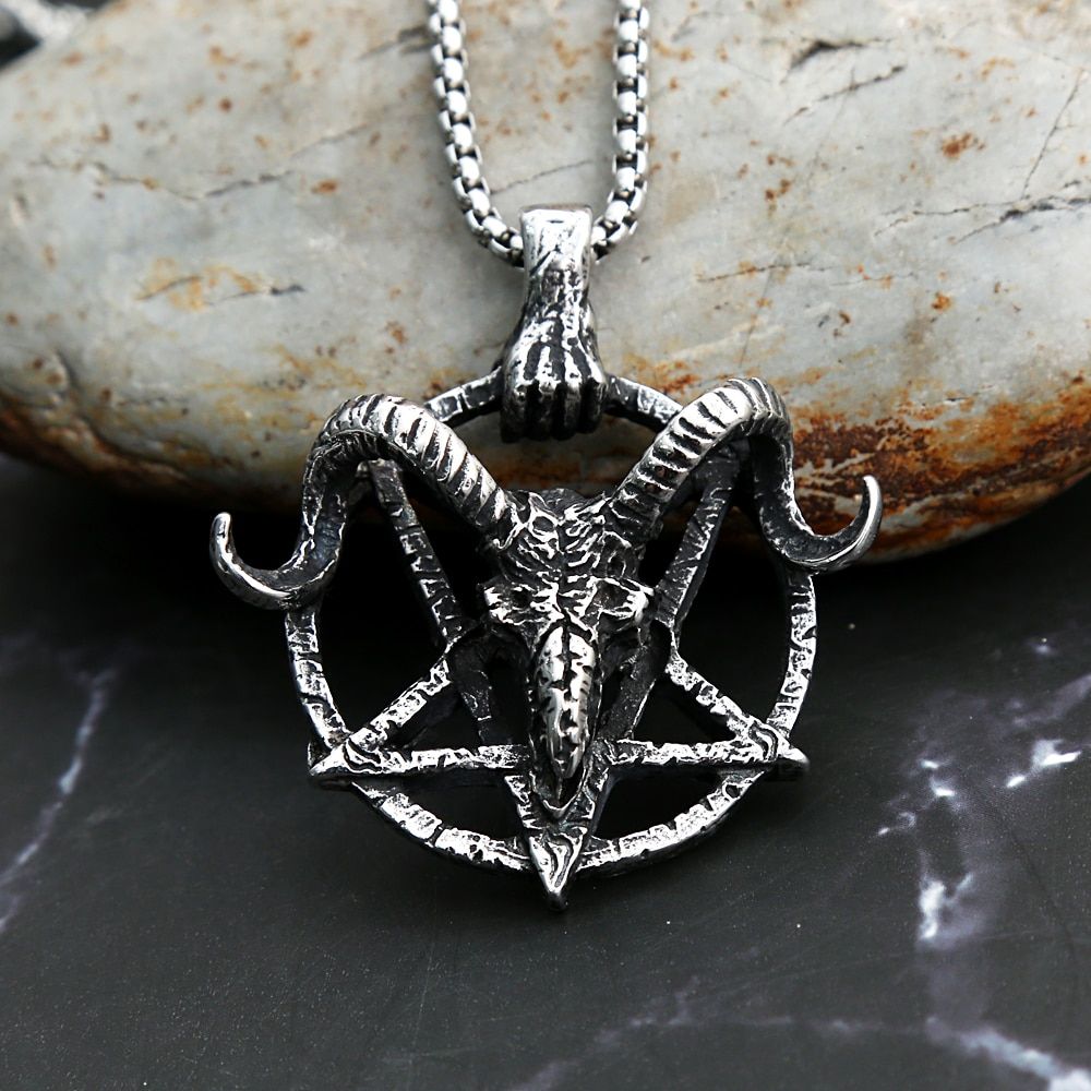 New Pentagram Pan God Skull Goat Head Stainless Steel Pendant Necklace For Man Satanism Occult Metal Vintage Star Biker Jewelr