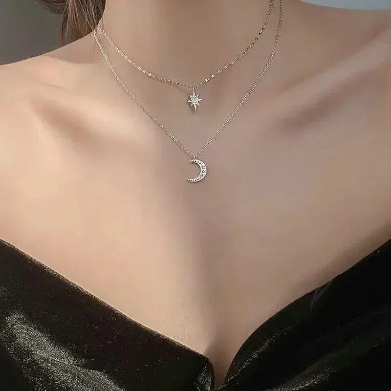 925 Silver Necklace for Women Double Layer Zircon Star Moon Pendant Necklace Delicate Chain Charm Elegant Fashion Jewelry Gifts