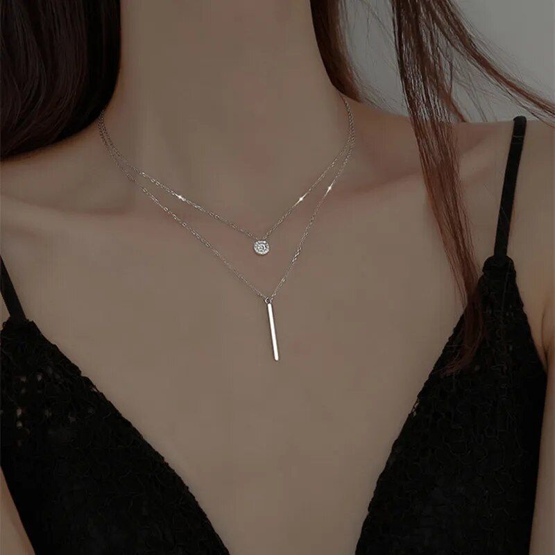 Classic trend multi-layer clavicle chain ladies simple temperament necklace square strip round double-layer pendant gift