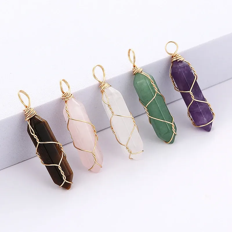 Natural Stone Hexagonal Shape Point Pendants Necklaces Crystal Quartz Fluorite Lapis Bullet Pendulum Chakra Healing Jewelry